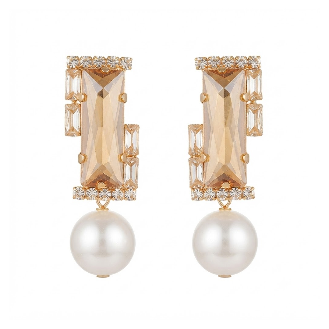 Geometric golden and Pearl Drop Earrings