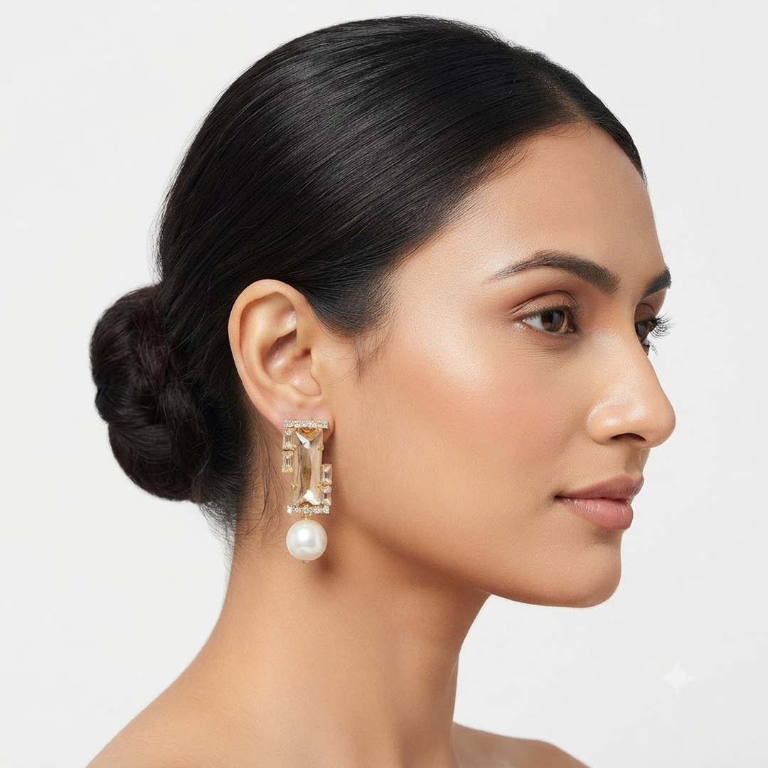 Geometric golden and Pearl Drop Earrings - Image 2