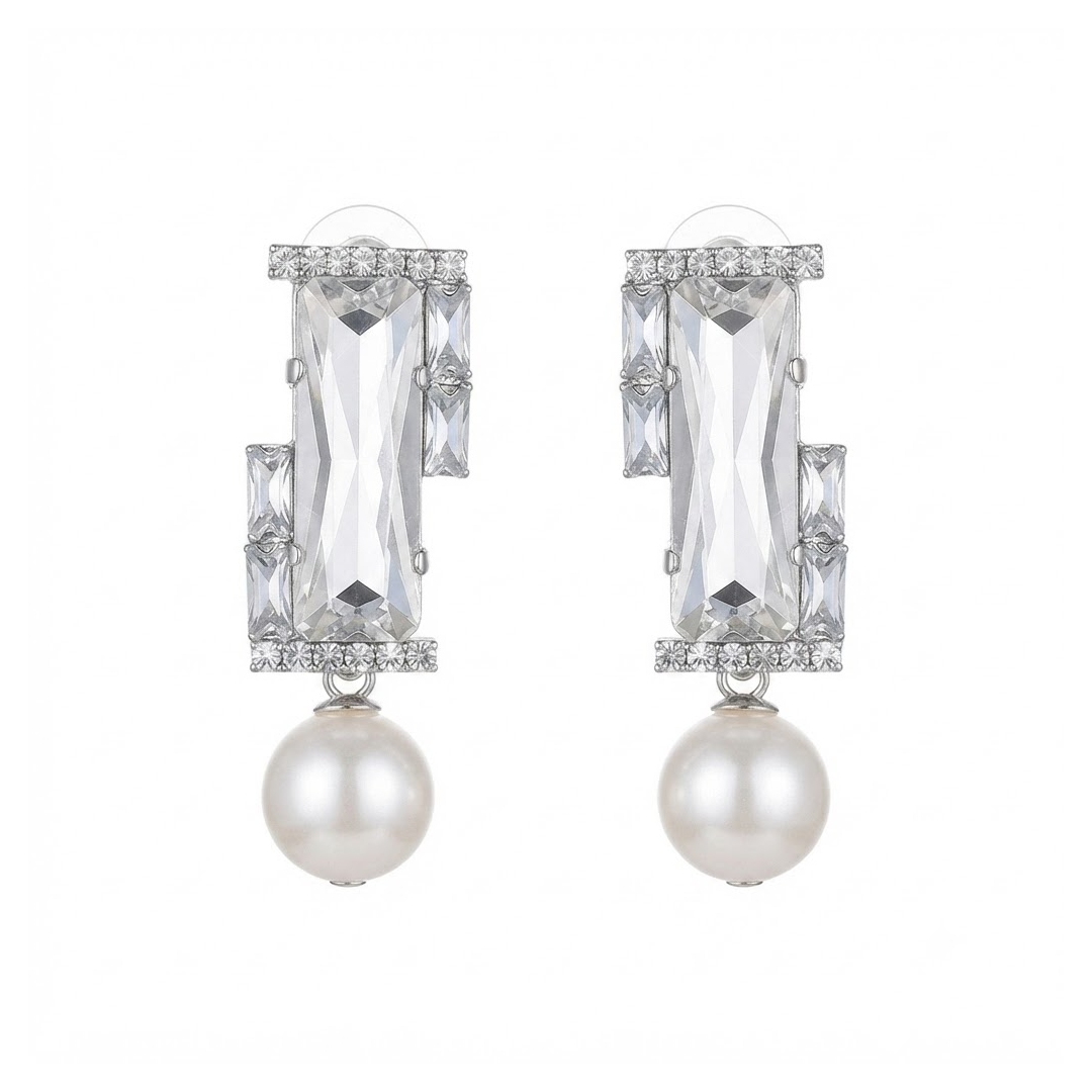 Geometric Crystal and Pearl Drop Earrings - Image 2