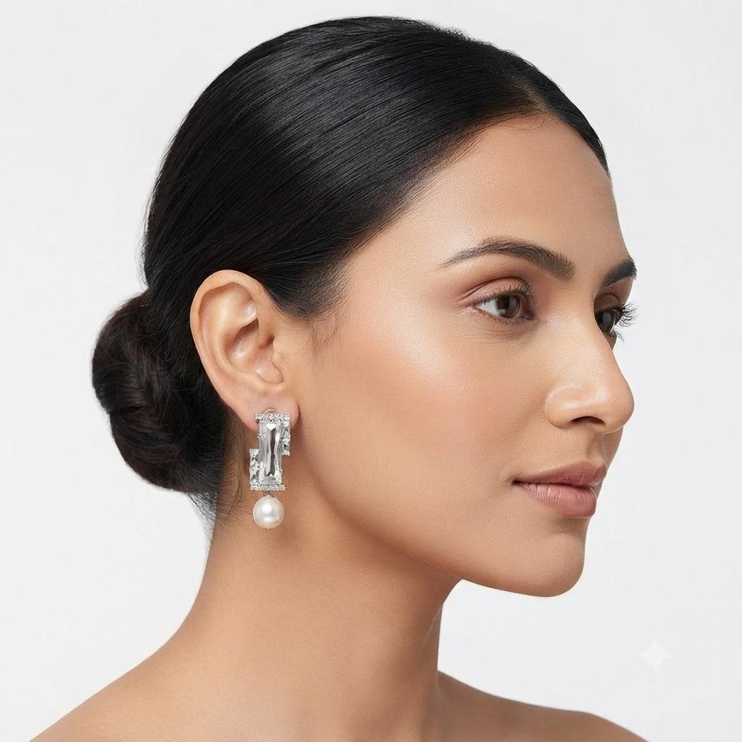 Geometric Crystal and Pearl Drop Earrings - Image 3