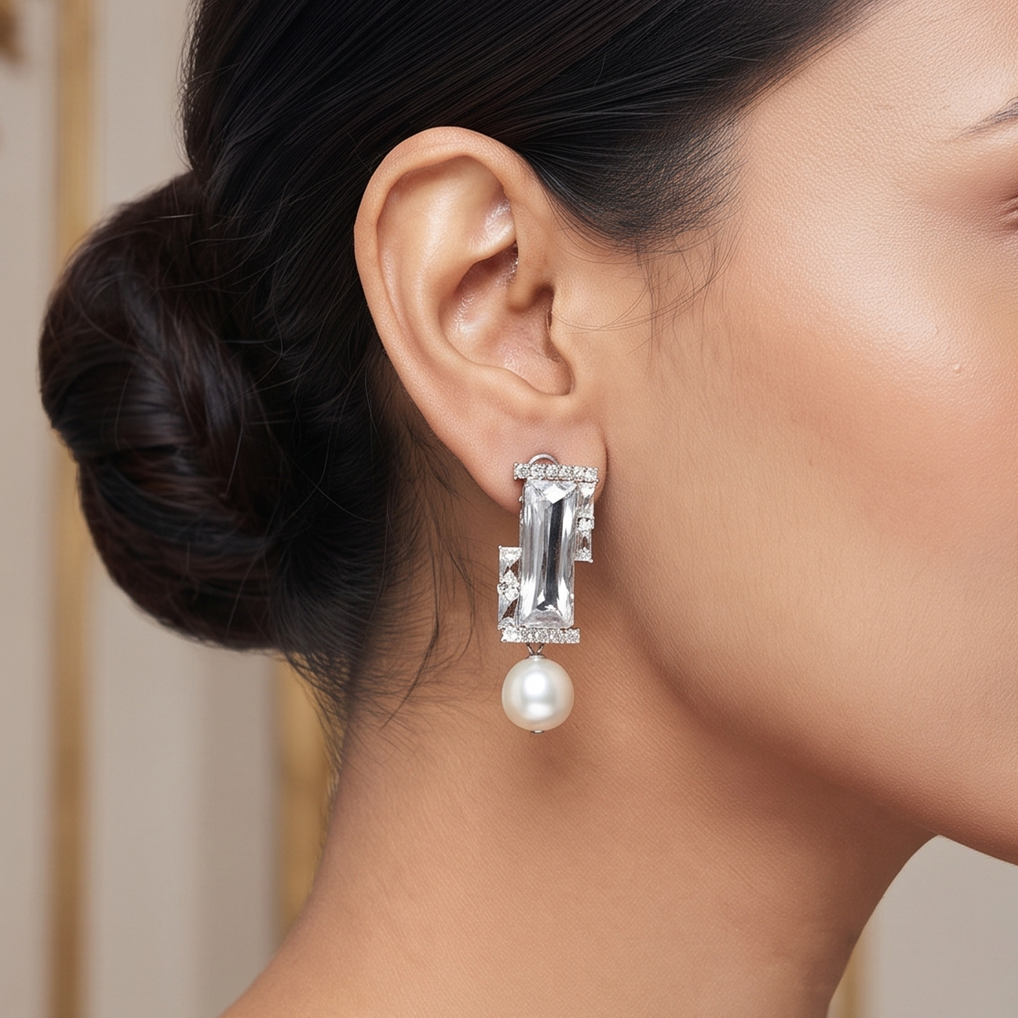 Geometric Crystal and Pearl Drop Earrings
