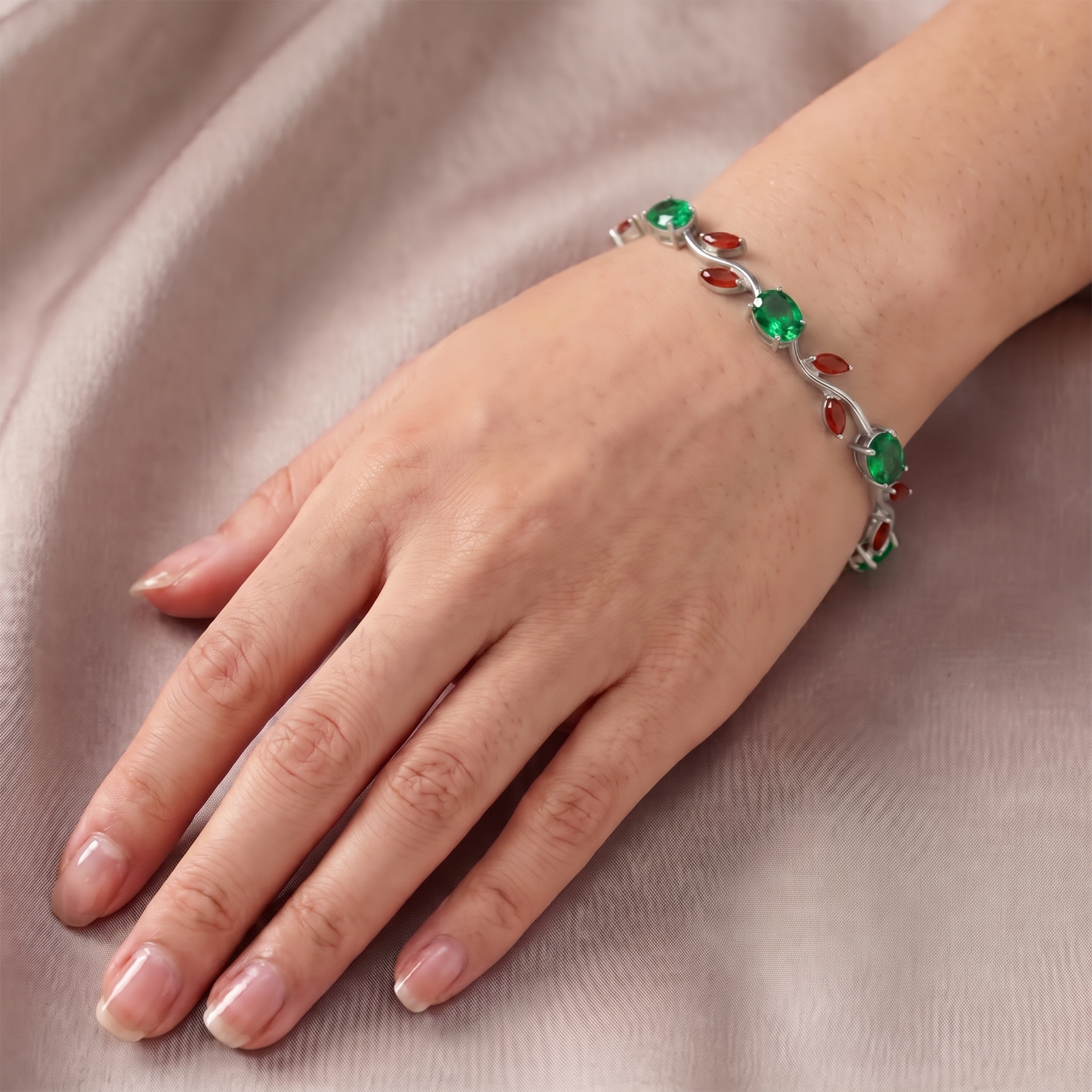 Silver-Plated red & green colour Leaf Bracelet